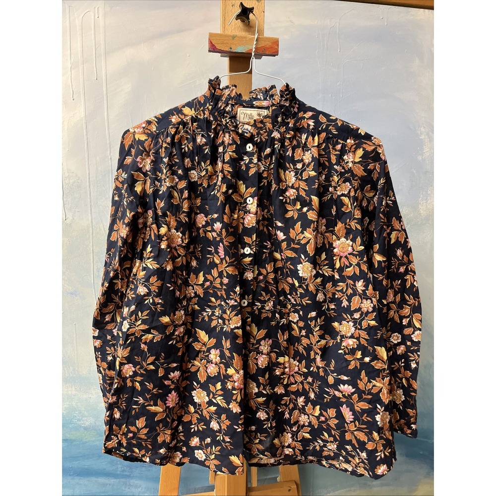Mille Resort Anthropologie Floral Button Down Ruffle Cotton Boho Shirt XS